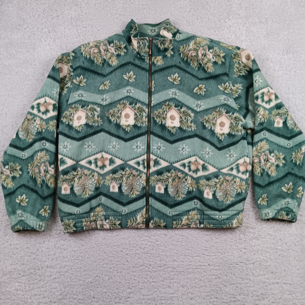 VTG Teddi Fleece Jacket Birdhouse Nature Women XL Green Zip 63001